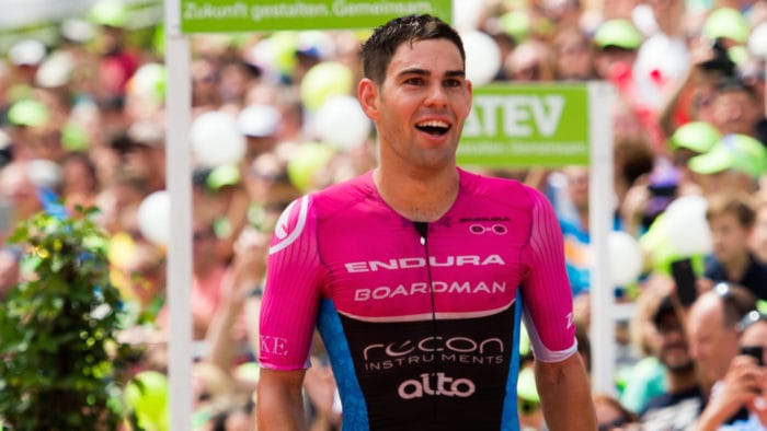 Joe Skipper celebrates as he finishes in second position Challenge Triathlon Roth on July 17, 2016 in Roth, Germany. (Photo by Alex Caparros/Getty Images for Challenge)