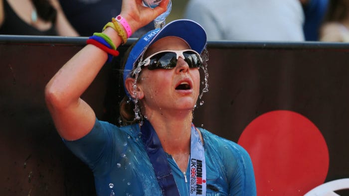 BOLTON, ENGLAND - JULY 16: Lucy Gossage of Britain reacts after winning the women's race at Ironman UK on July 16, 2017 in Bolton, England. (Photo by Nigel Roddis/Getty Images for Ironman)