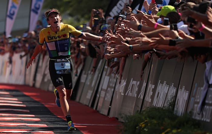 CHATTANOOGA, TN - SEPTEMBER 10: Tim Don of Great Britain celebrates as he crosses the finish line in third place in the IRONMAN 70.3 Men's World Championship on September 10, 2017 in Chattanooga, Tennessee. (Photo by Patrick Smith/Getty Images for IRONMAN)