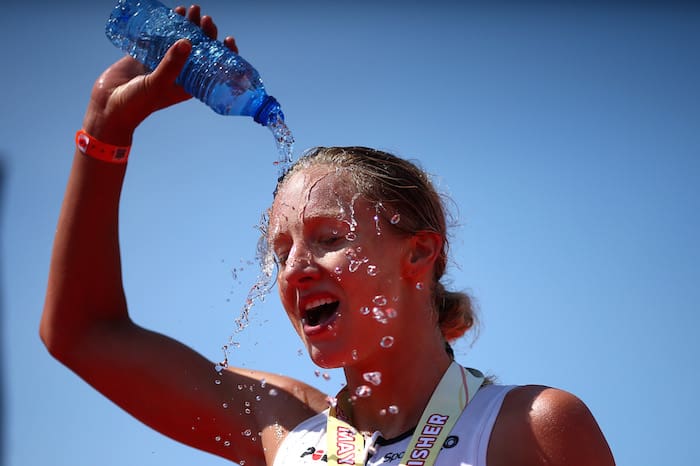 BARCELONA, SPAIN - MAY 20: Emma Pallant of Great Britain cools herself down after winning the womens race during IRONMAN 70.3 Barcelona on May 20, 2018 in Barcelona, Spain. (Photo by Charlie Crowhurst/Getty Images for IRONMAN)