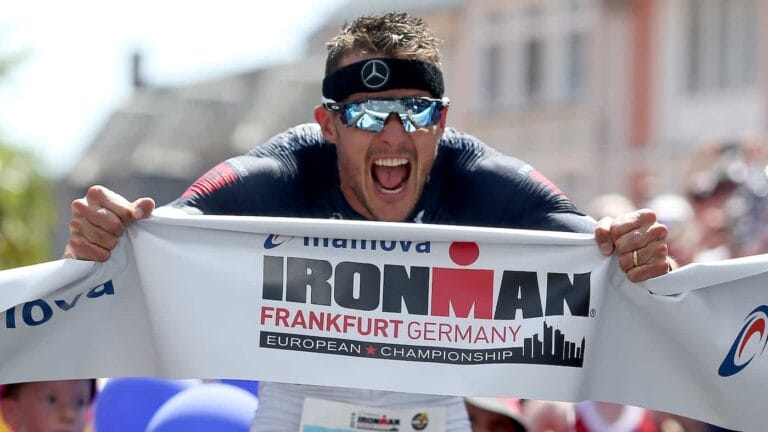 FRANKFURT (ODER), GERMANY - JUNE 30: Jan Frodeno of Germany celebrates winning Ironman Frankfurt on June 30, 2019 in Frankfurt (Oder), Germany. (Photo by Nigel Roddis/Getty Images for IRONMAN)