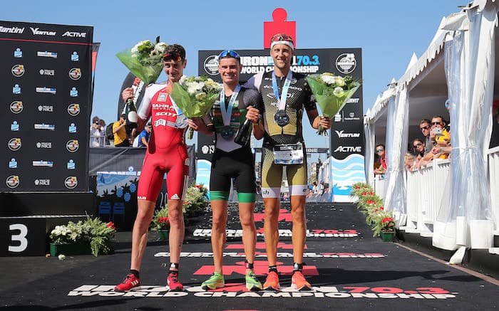 NICE, FRANCE - SEPTEMBER 08: Gustav Iden of Norway (C), Alistair Brownlee of Britain (L) and Rodolphe Von Berg of USA (R) pose for media after finishing Ironman 70.3 World Championship Men's race on September 8, 2019 in Nice, France. (Photo by Nigel Roddis/Getty Images for IRONMAN)