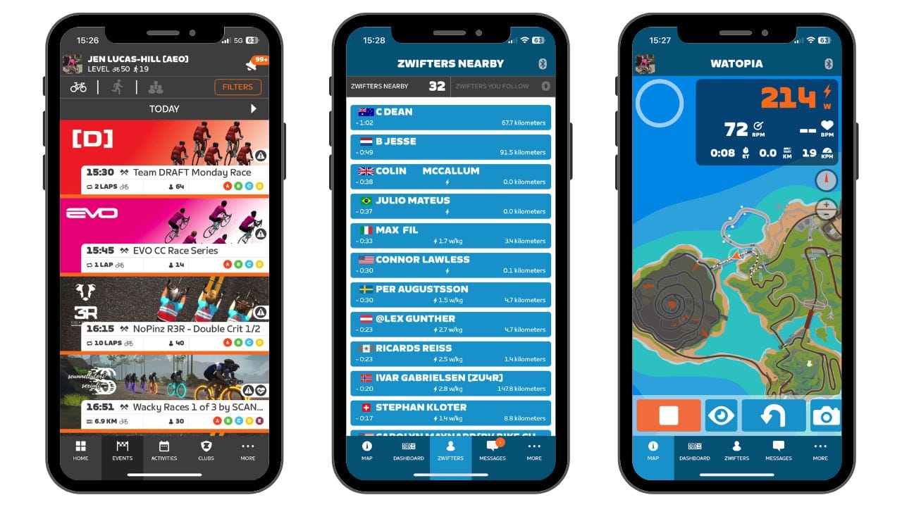 Screenshots showing some of the Zwift Companion app functionality.