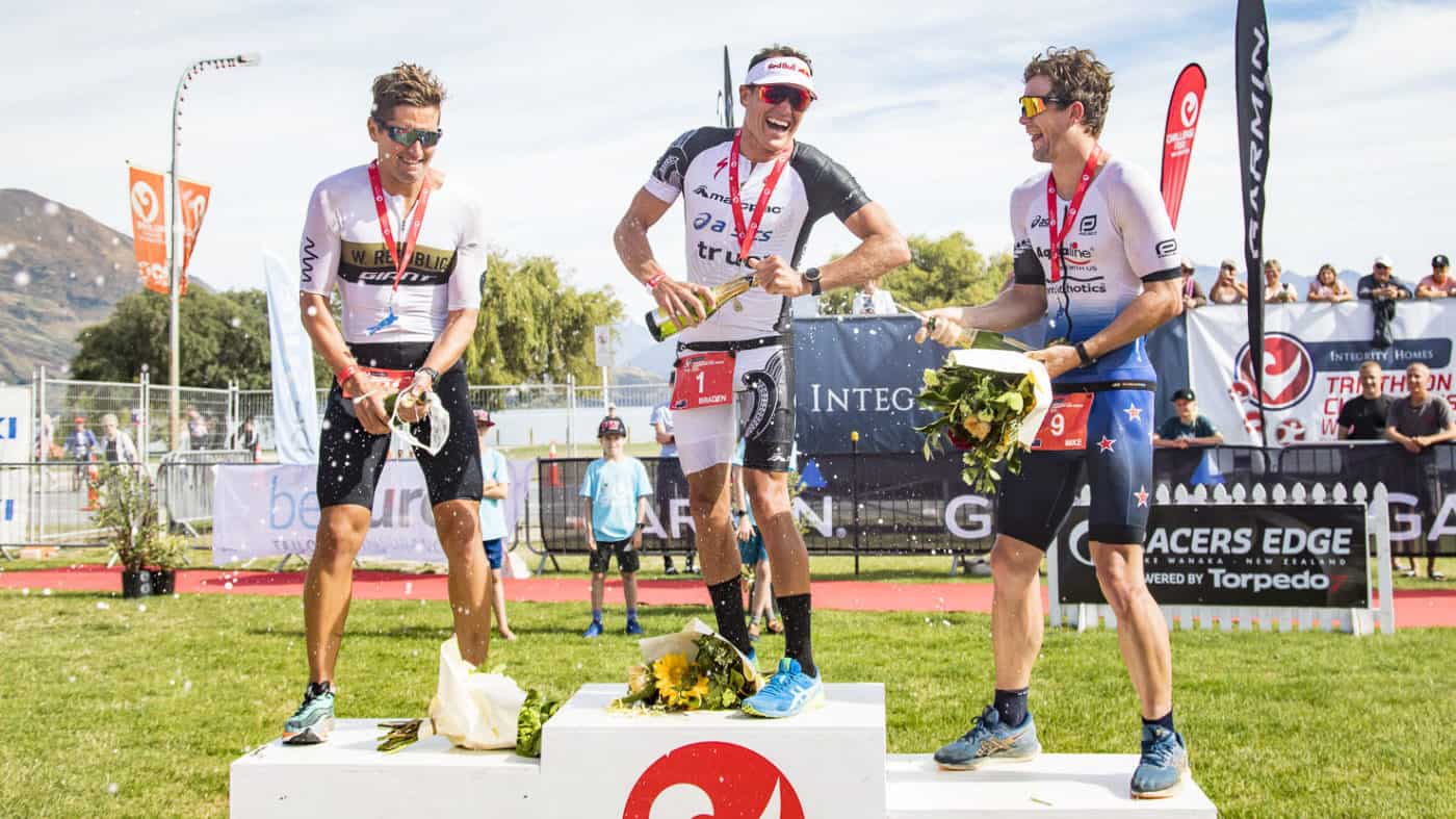 Mens Pro podium from the Integrity Homes Challenge Wanaka / Challenge Asia Pacific Championships (L to R - Matt Burton (Aus) 2nd, Braden Currie (NZ) 1st, Mike Phillips (NZ) 3rd.