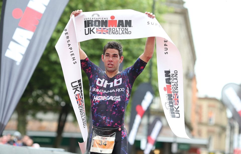 BOLTON, ENGLAND - JULY 04: Joe Skipper of Britain reacts after winning Ironman UK on July 4, 2021 in Bolton, England. (Photo by Nigel Roddis/Getty Images for IRONMAN)