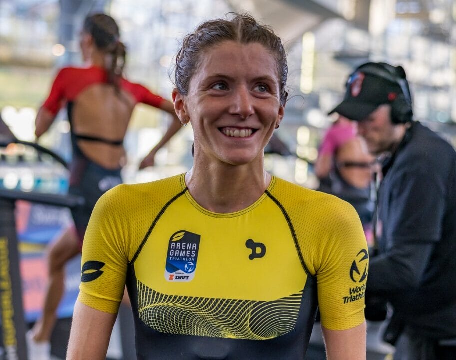 Beth Potter smiles Arena Games Munich copyright Darren Wheeler Super League Triathlon