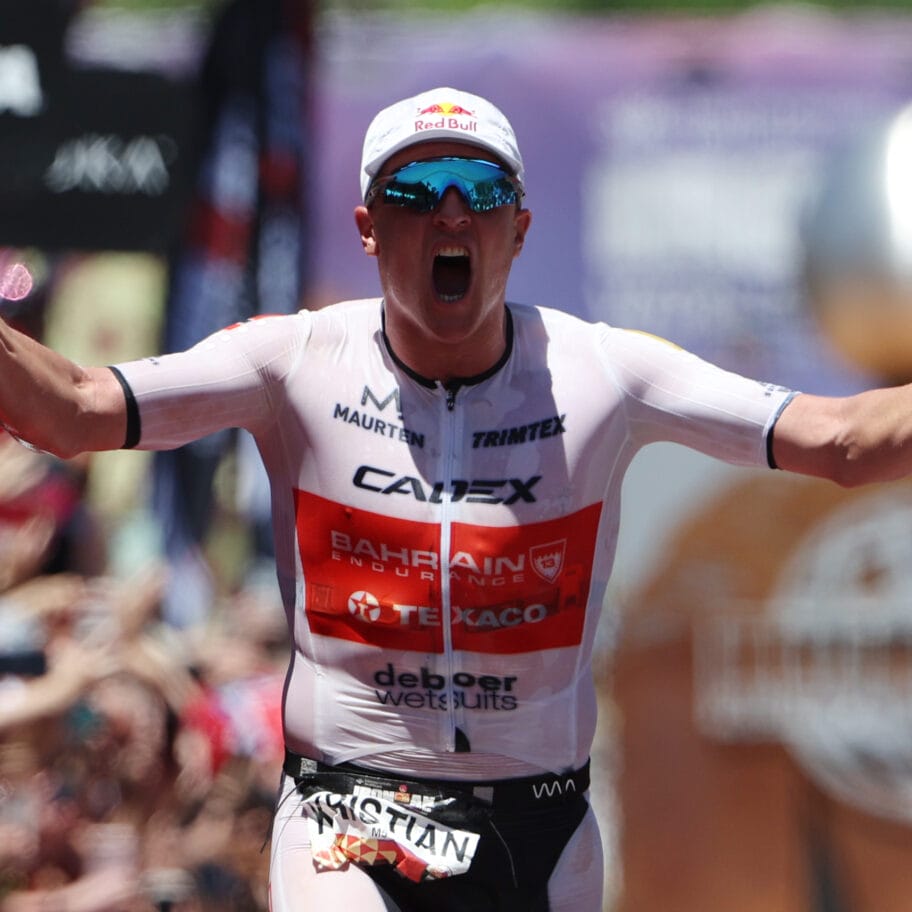 ST GEORGE, UTAH - MAY 07: Kristian Blummenfelt of Norway celebrates as he wins the 2021 IRONMAN World Championships on May 07, 2022 in St George, Utah. (Photo by Tom Pennington/Getty Images for IRONMAN)