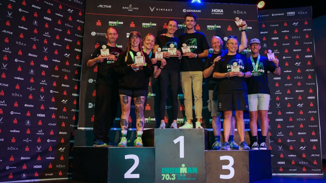 IRONMAN 70.3 Weymouth 2022 podiums. Photo credit Huw Fairclough