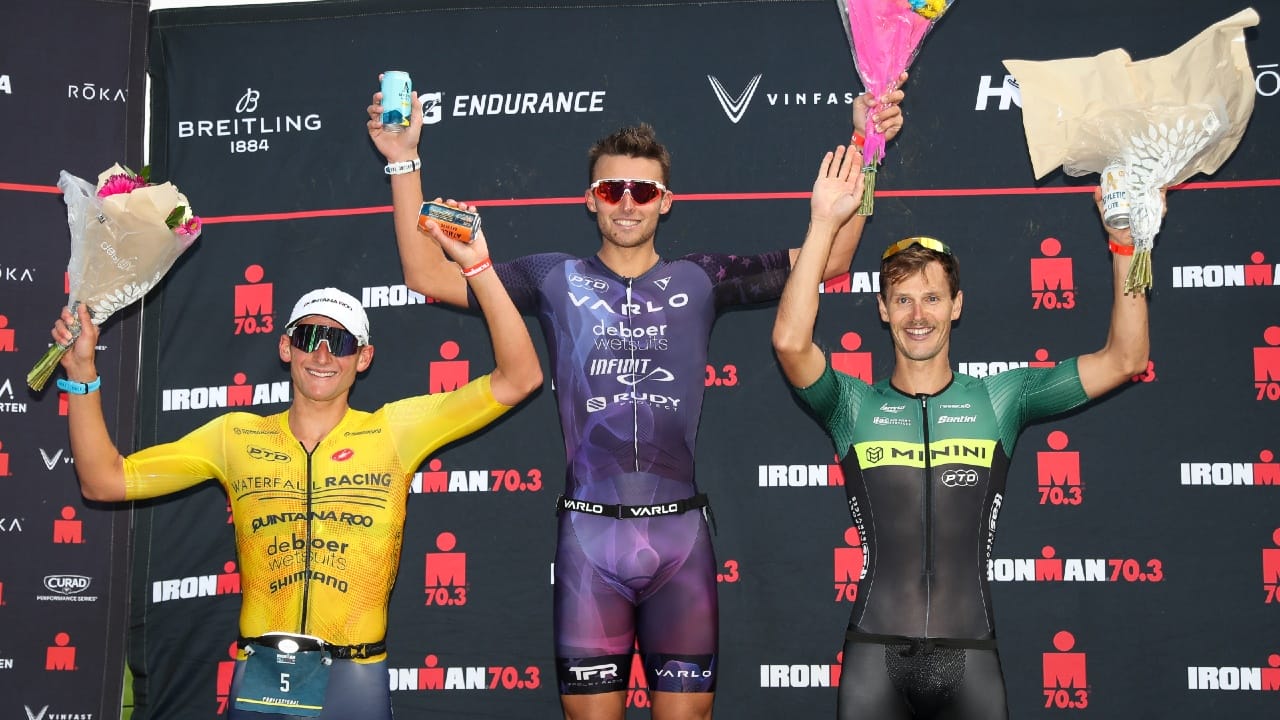 IRONMAN 70.3 Maine podium 2023 Trevor Foley Gregory Barnaby Justin Metzler Photo credit: Meg Oliphant / Getty Images for IRONMAN
