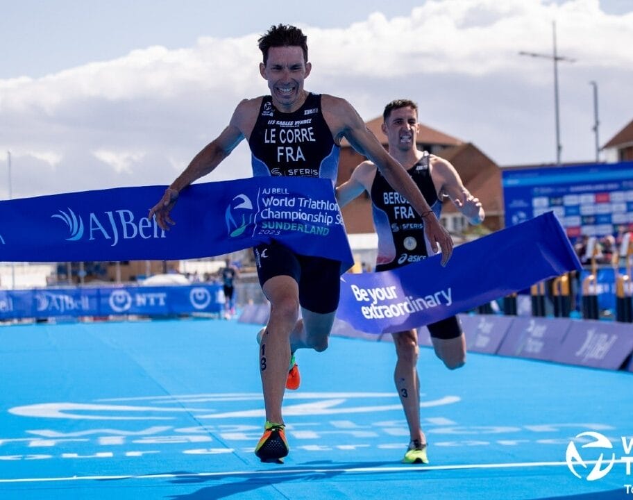 Pierre Le Corre Leo Bergere WTCS Sunderland finish 2023 photo credit World Triathlon / Tommy Zaferes