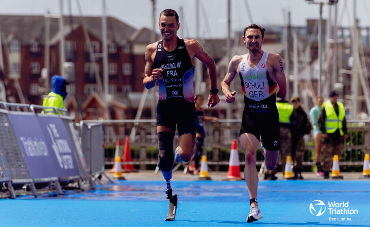 Alexis Hanquinquant and Martin Schulz at World Triathlon Para Series Swansea 2023