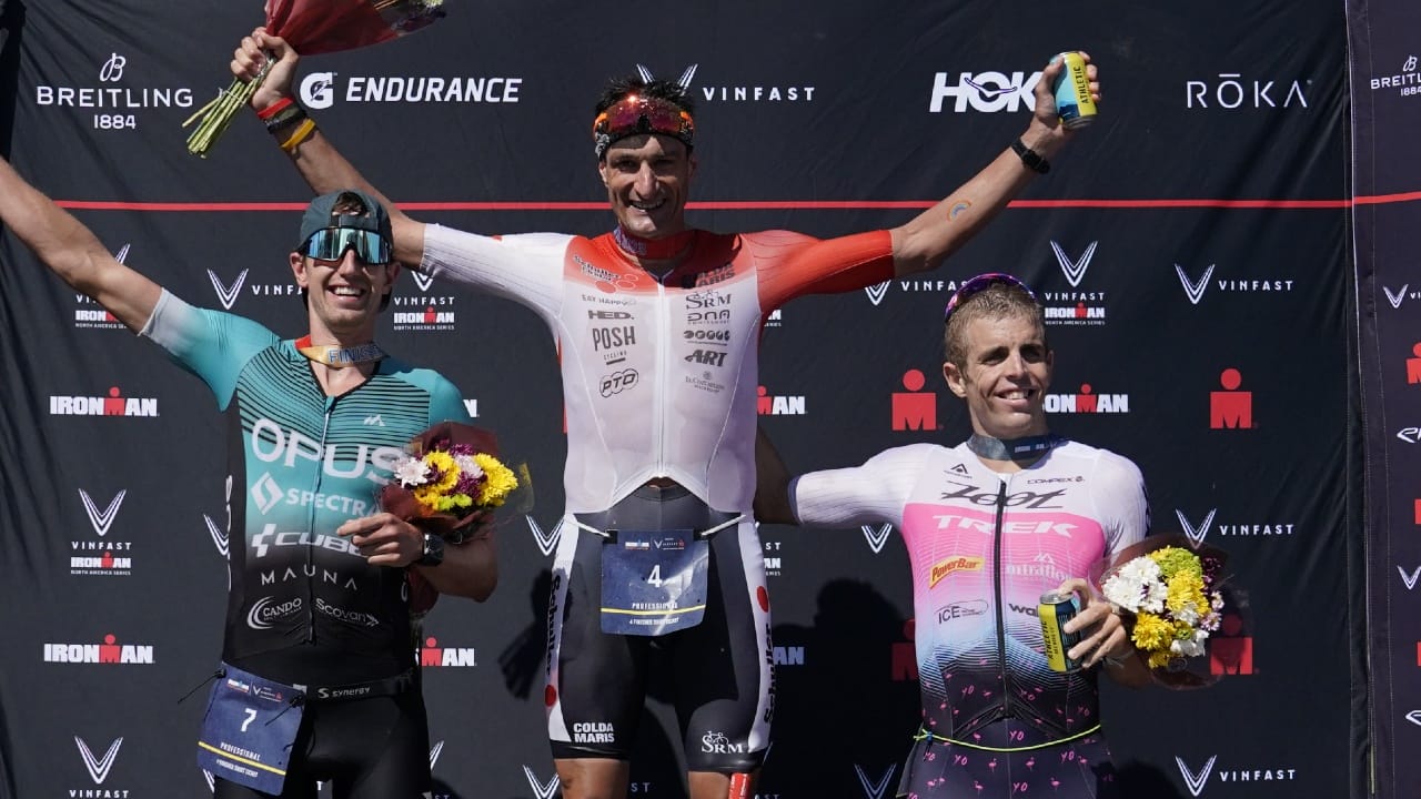 jason pohl michael weiss sam long on the podium at ironman maryland 2023 Photo credit: Patrick McDermott/Getty Images for IRONMAN