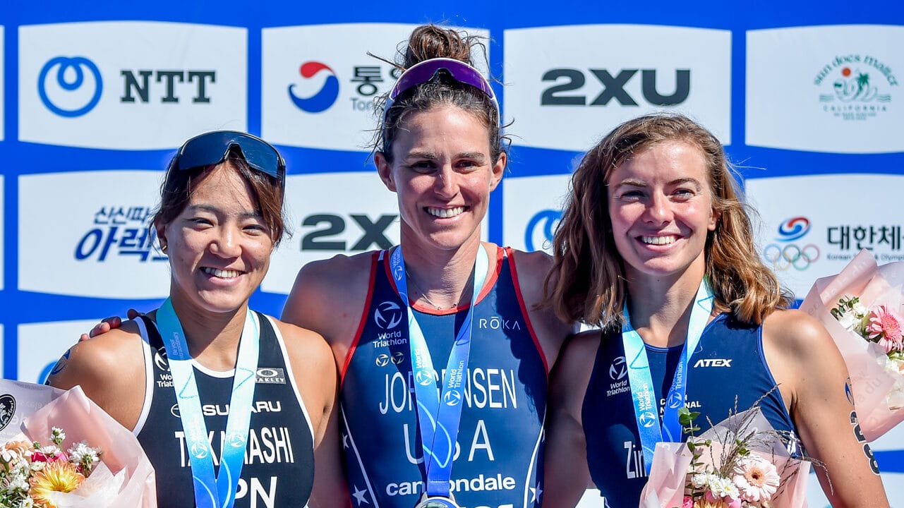 World Triathlon Cup Tongyeong podium featuring Gwen Jorgensen