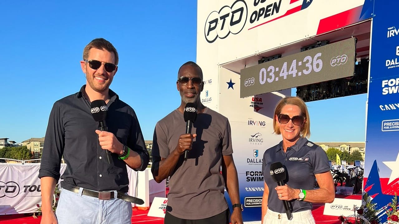 Michael Johnson alongside Alex Payne and Belinda Grainger, the broadcast team at the PTO US Open in Dallas 2022