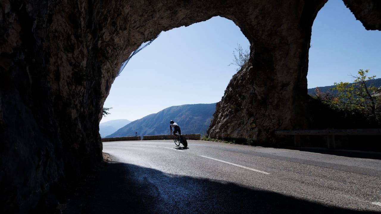 Lone cyclist Nice IRONMAN World Champs course 2023 Photo credit: Jan Hetfleisch / Getty Images for IRONMAN