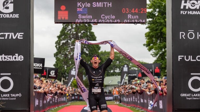 Kyle Smith won his hometown race at the 2023 IRONMAN Taupo Photo Graeme Murray