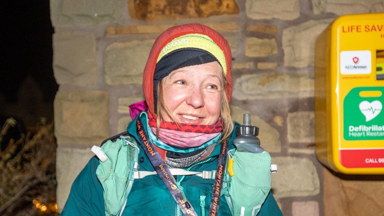 Lucy Gossage at the finish of the 2024 Montane Winter Spine.