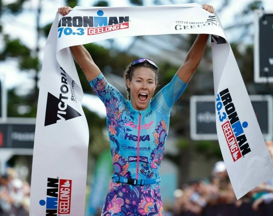 Ellie Salthouse wins the 2024 IRONMAN 70.3 Geelong title in Victoria, Australia.