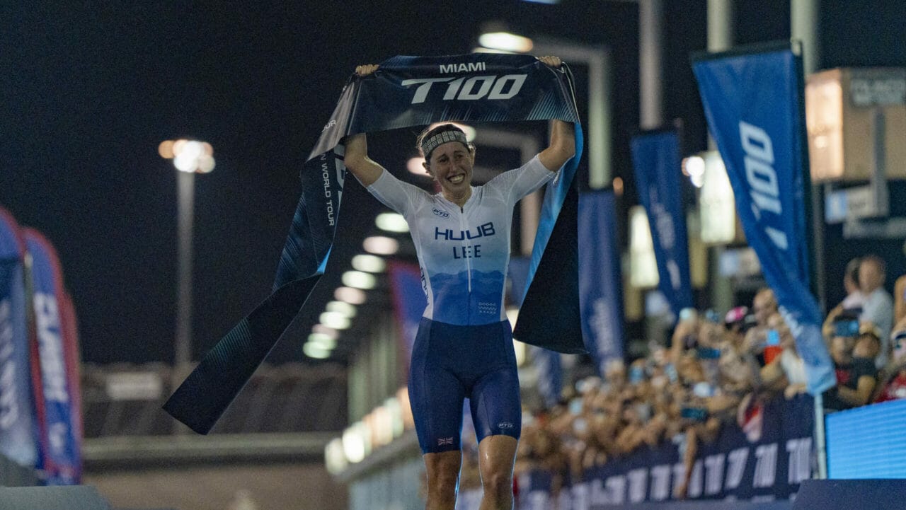 India Lee (GBR) crosses the finish line in first in Miami.