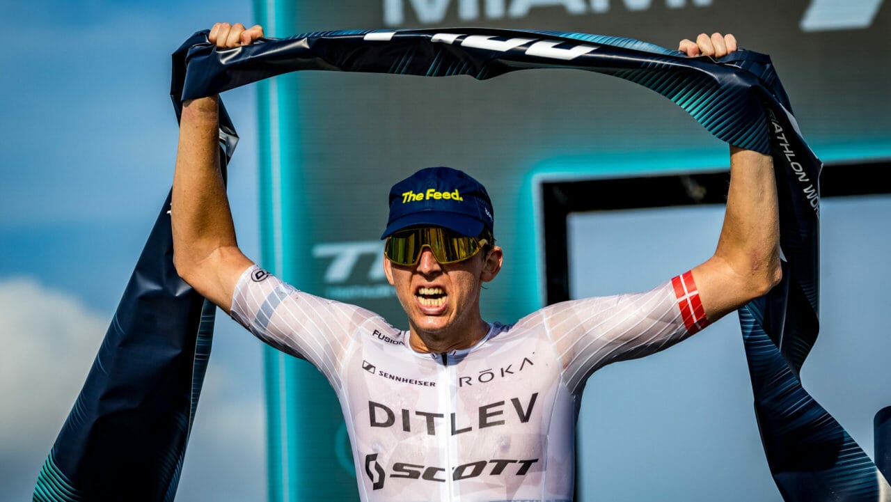 Magnus Ditlev grimaces after taking the tape at the Miami T100.