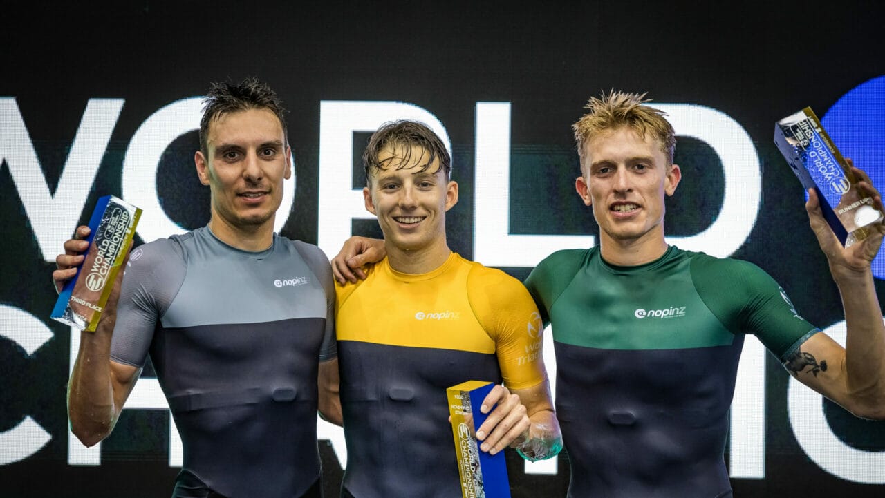 The men's podium from the 2024 supertri E World Triathlon Championships.
