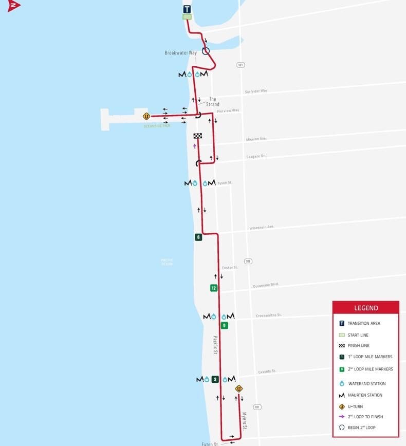 The run course at IRONMAN 70.3 Oceanside in 2024.