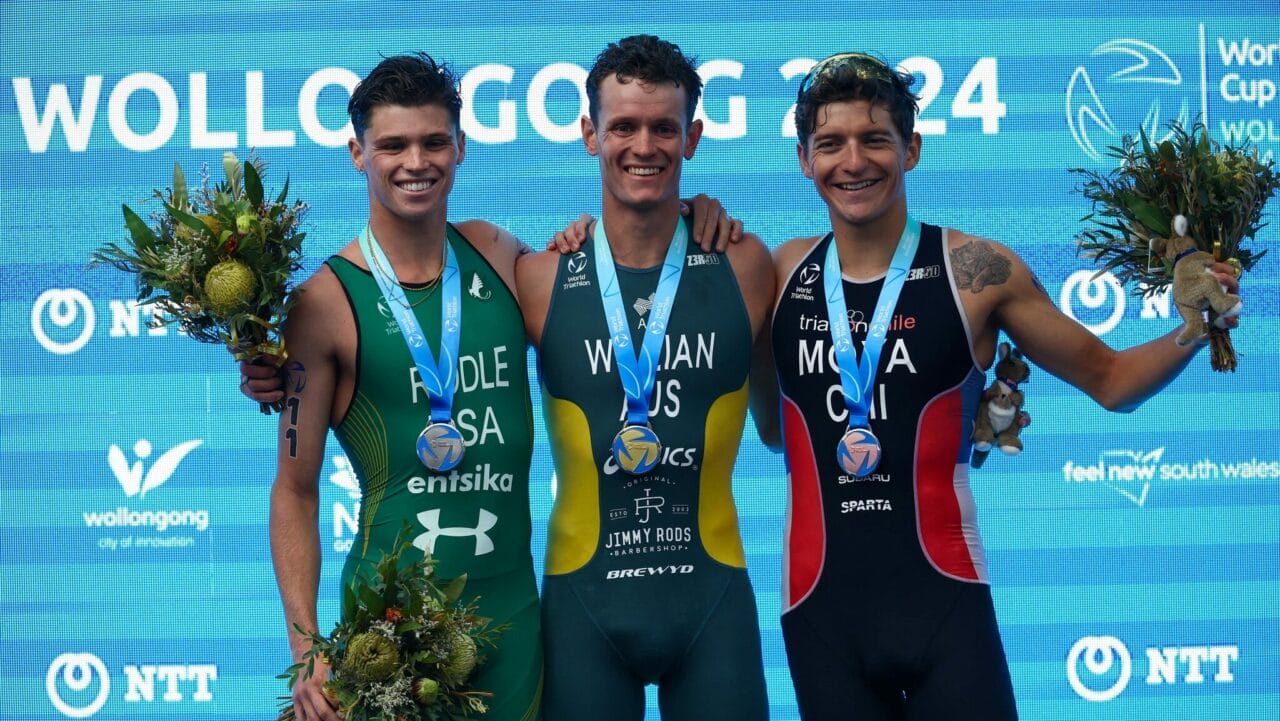 The men's podium at the 2024 World Triathlon Cup Wollongong