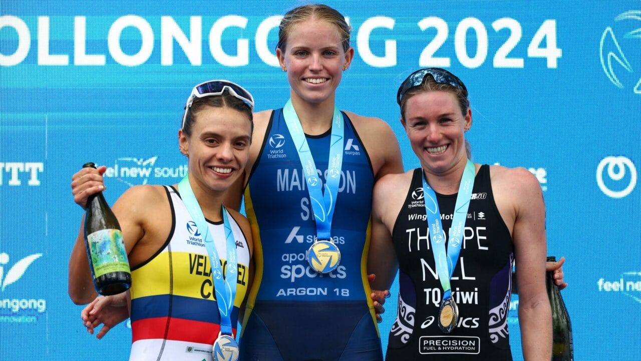 The women's podium at the 2024 Wollongong World Triathlon Cup.