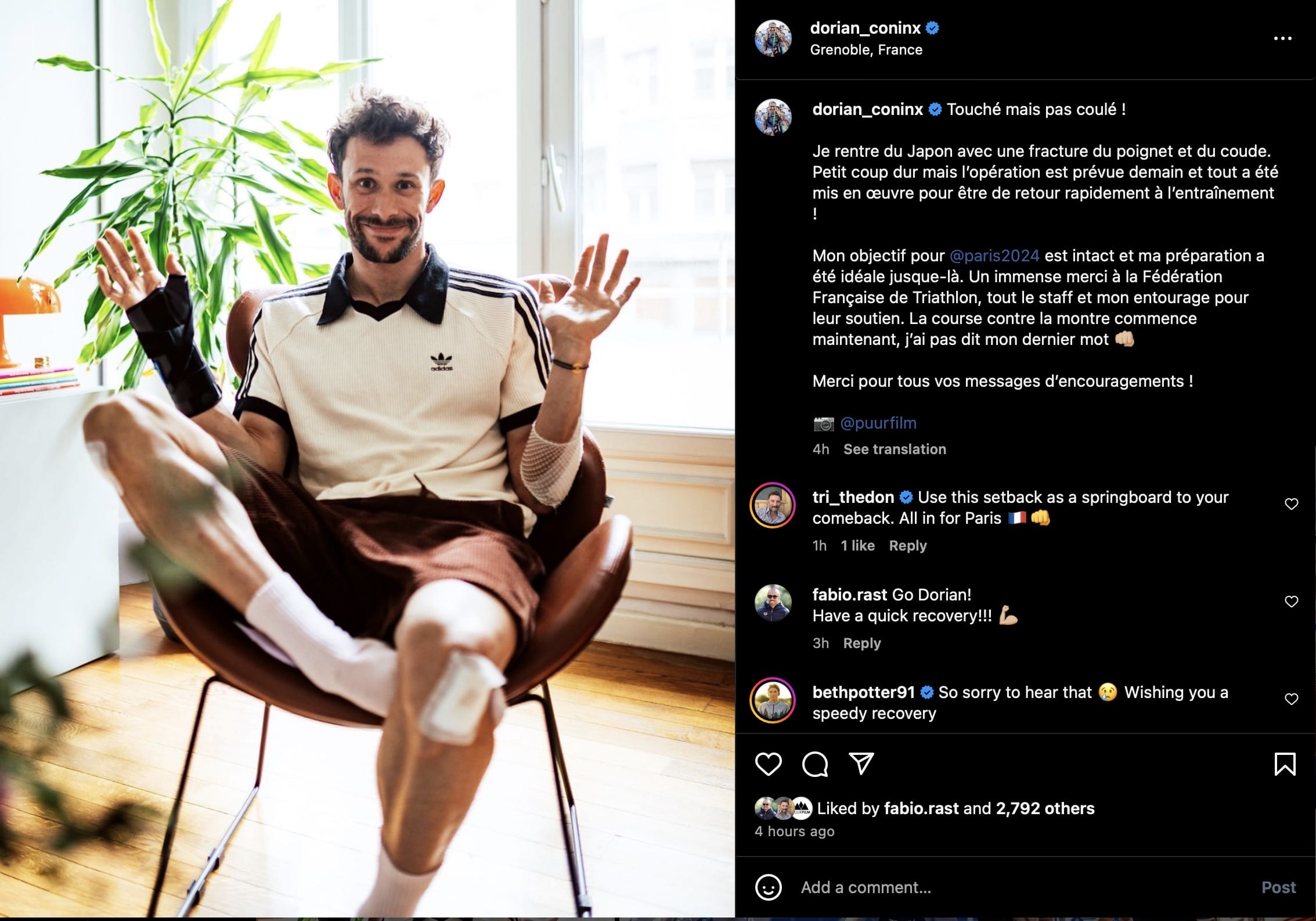 Dorian Coninx, the reigning World Champion, broke his arm in a bike crash at WTCS Yokohama.