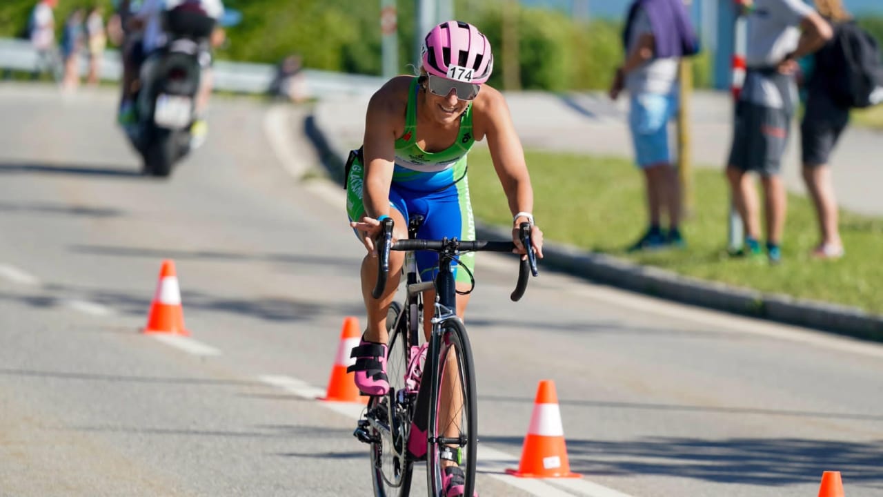 Challenge St. Pölten age group triathlete Anita Schoderbeck out on the bike course