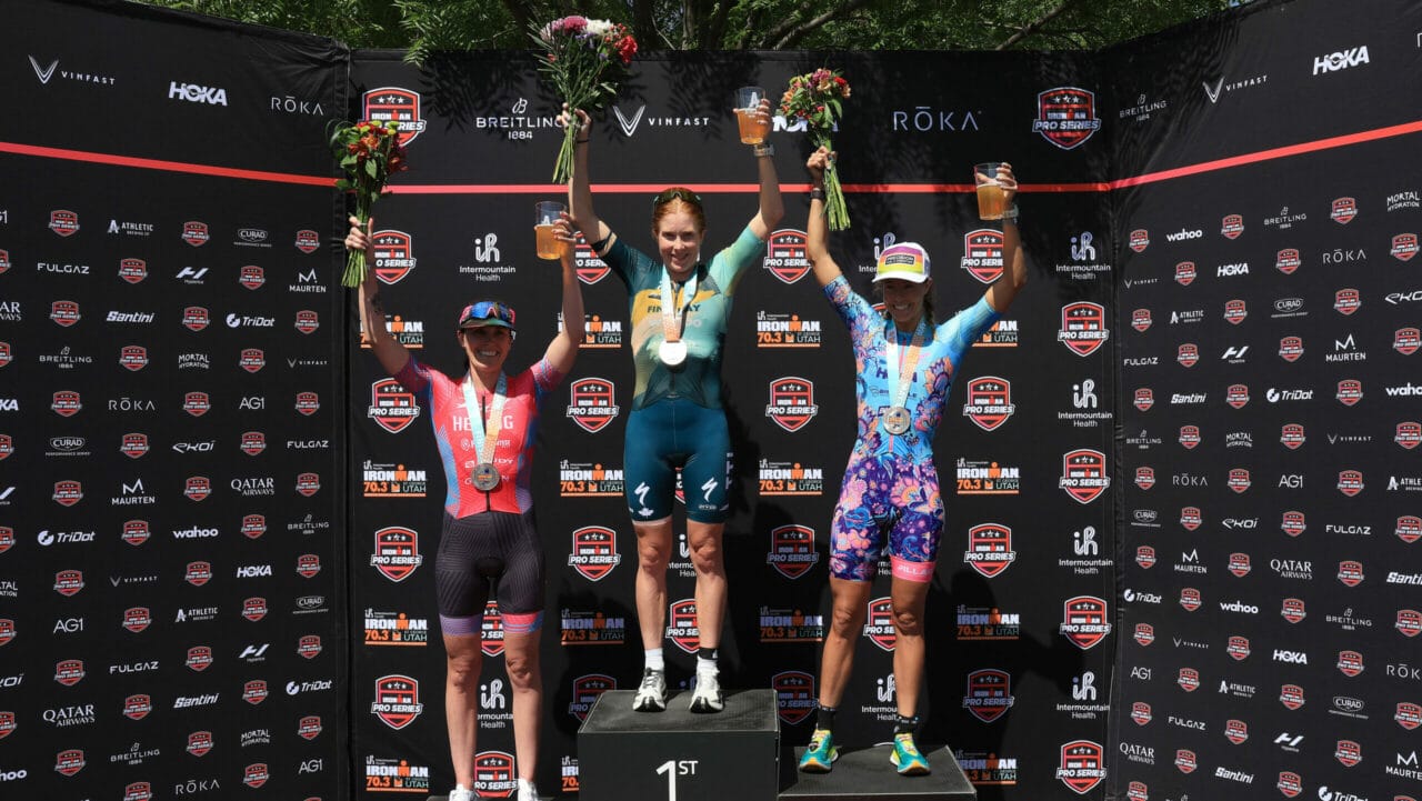 The women's podium at the 2024 IRONMAN 70.3 North American Championship.