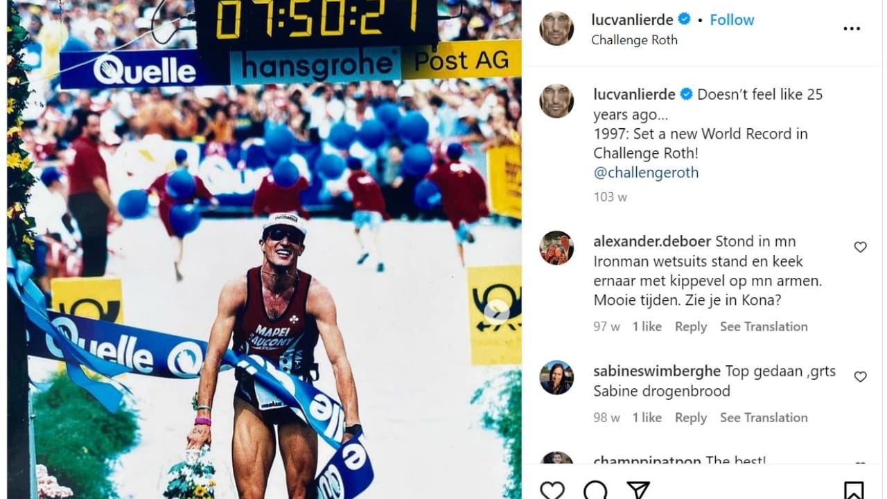 Luc Van Lierde IG post Challenge Roth 97 world record