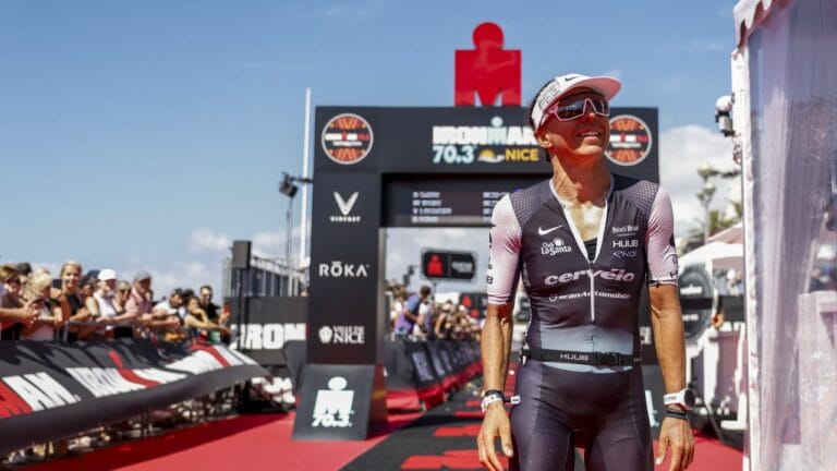 Anne Haug at the finish of IRONMAN 70.3 Nice 2024