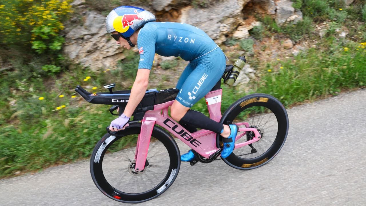 Lucy Charles-Barclay on the bike at IRONMAN France 2024