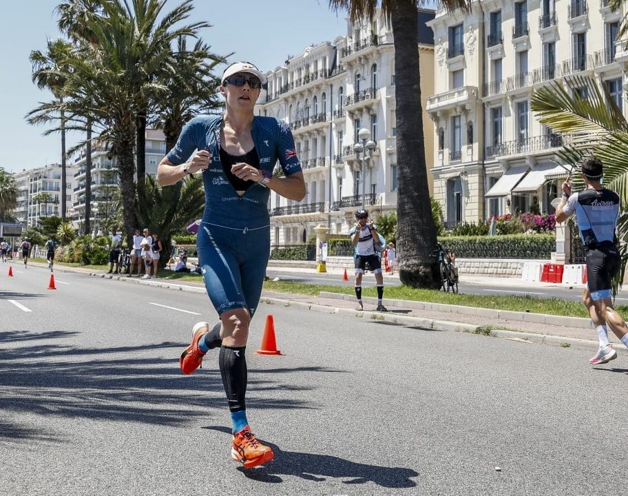 Lucy Charles-Barclay on the run at IRONMAN France 2024