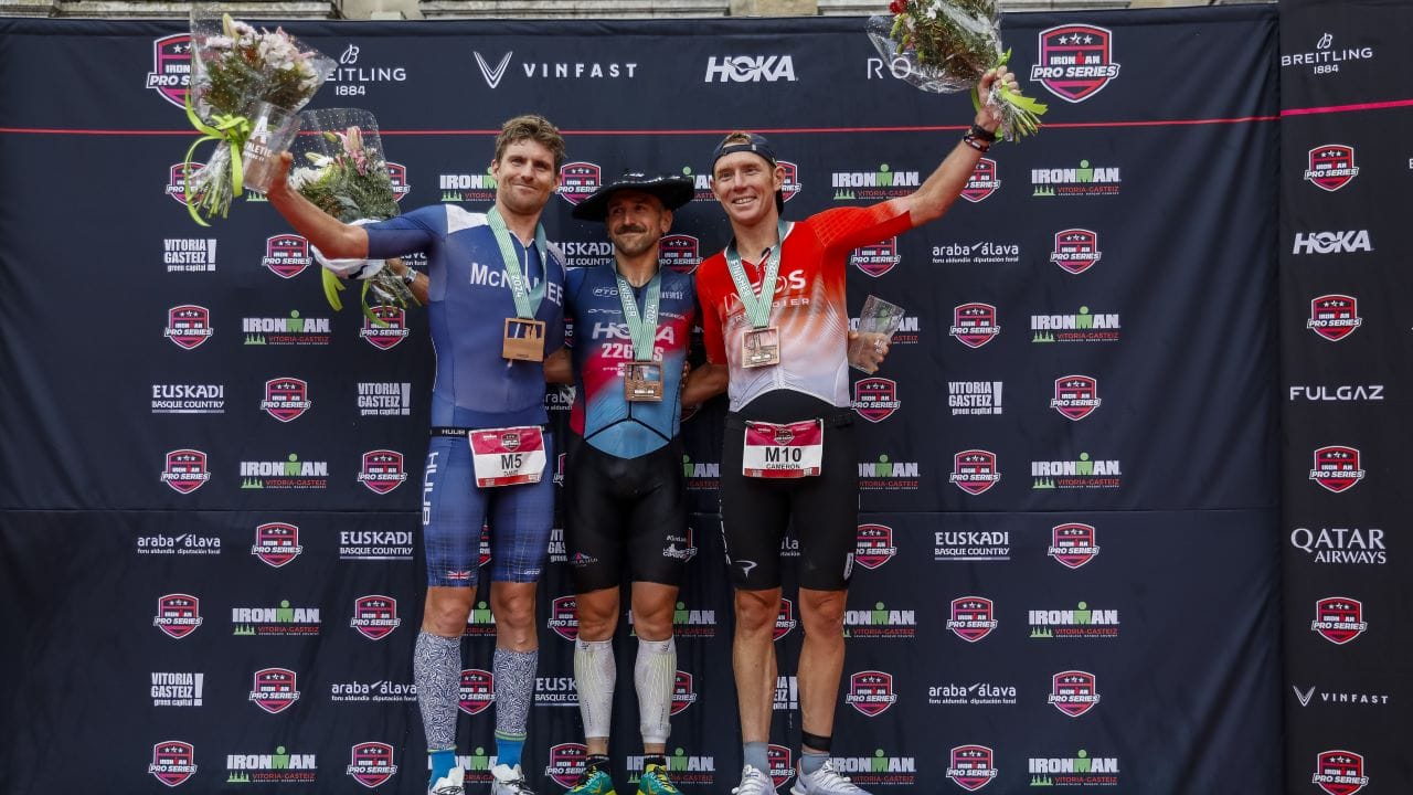 Men's Pro podium at IRONMAN Vitoria 2024 - Antonio Benito Lopez / David McNamee / Cameron Wurf