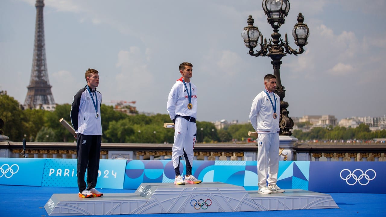 Paris 2024 Olympic Games men's podium - Alex Yee, Hayden Wilde, Leo Bergere