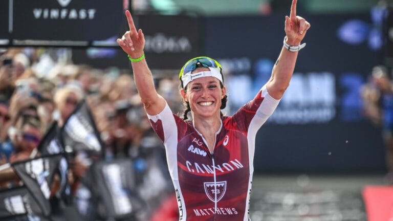 Kat Matthews celebrates second place at the 2024 IRONMAN World Championship