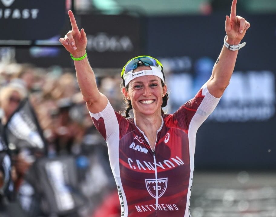 Kat Matthews celebrates second place at the 2024 IRONMAN World Championship
