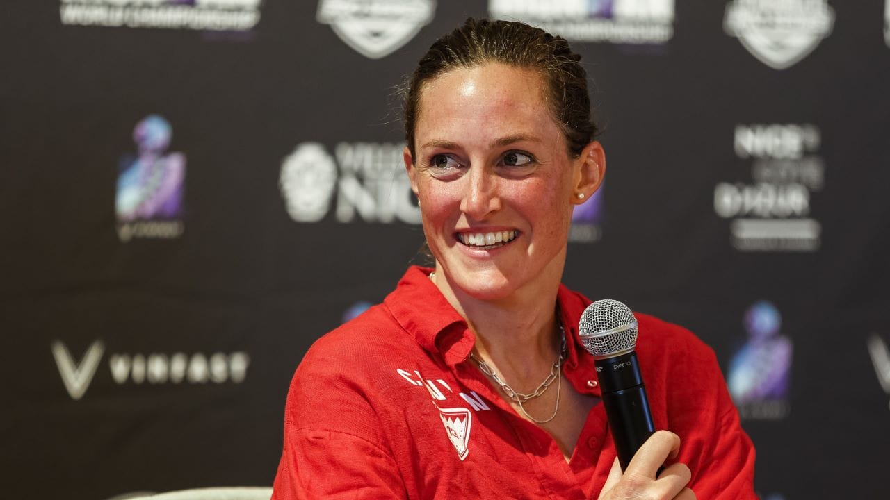 Kat Matthews at the post race press conference of the 2024 IRONMAN World Championship