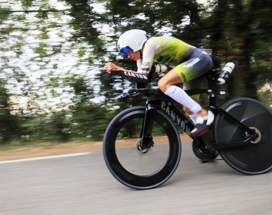 Laura Philipp on the bike at the 2024 IRONMAN World Championship, Nice