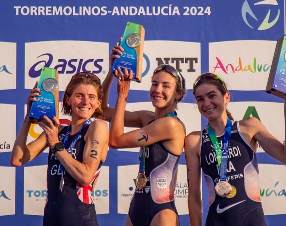 Podium Beaugrand Potter Lombardi WTCS Grand Final Torremolinos 2024 photo credit World Triathlon