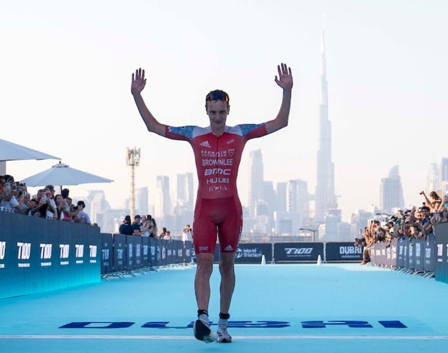 Alastair Brownlee finish arch T100 Dubai 2024 photo credit PTO / T100