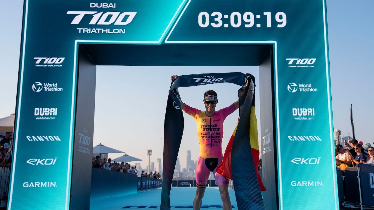 Marten Van Riel finish arch T100 Dubai 2024 photo credit PTO / T100