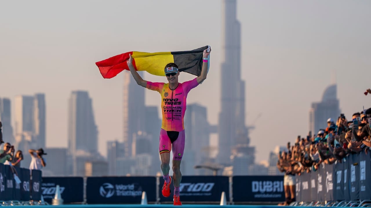 Marten Van Riel finish line T100 Dubai 2024 photo credit PTO / T100