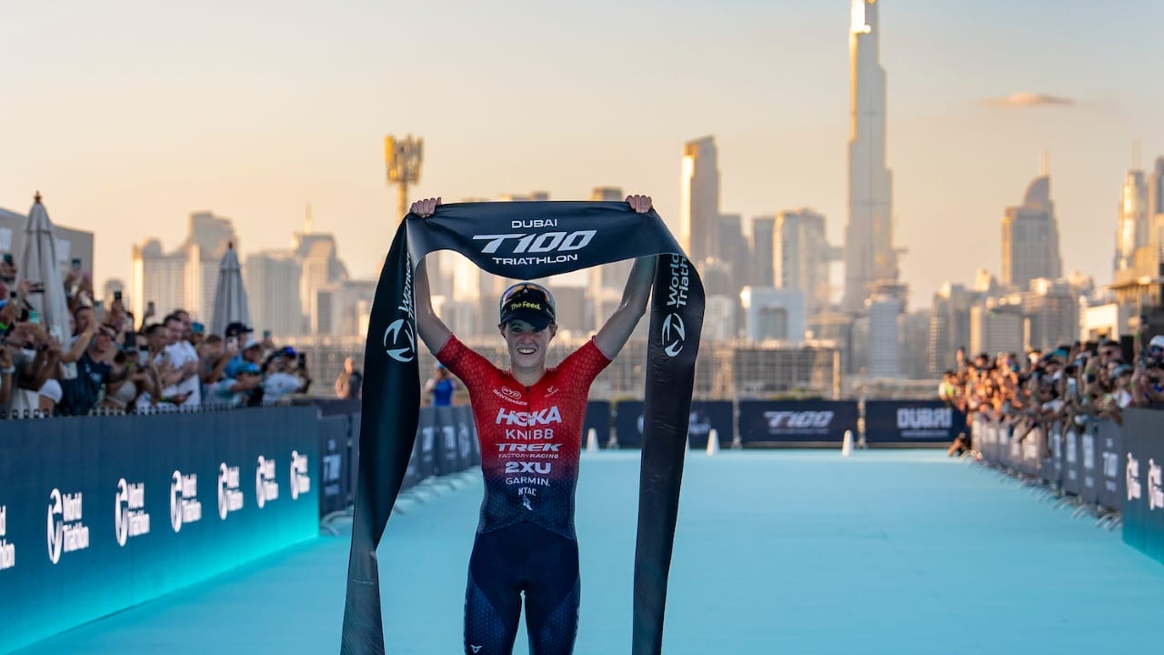Taylor Knibb finish line T100 Dubai 2024 photo credit T100
