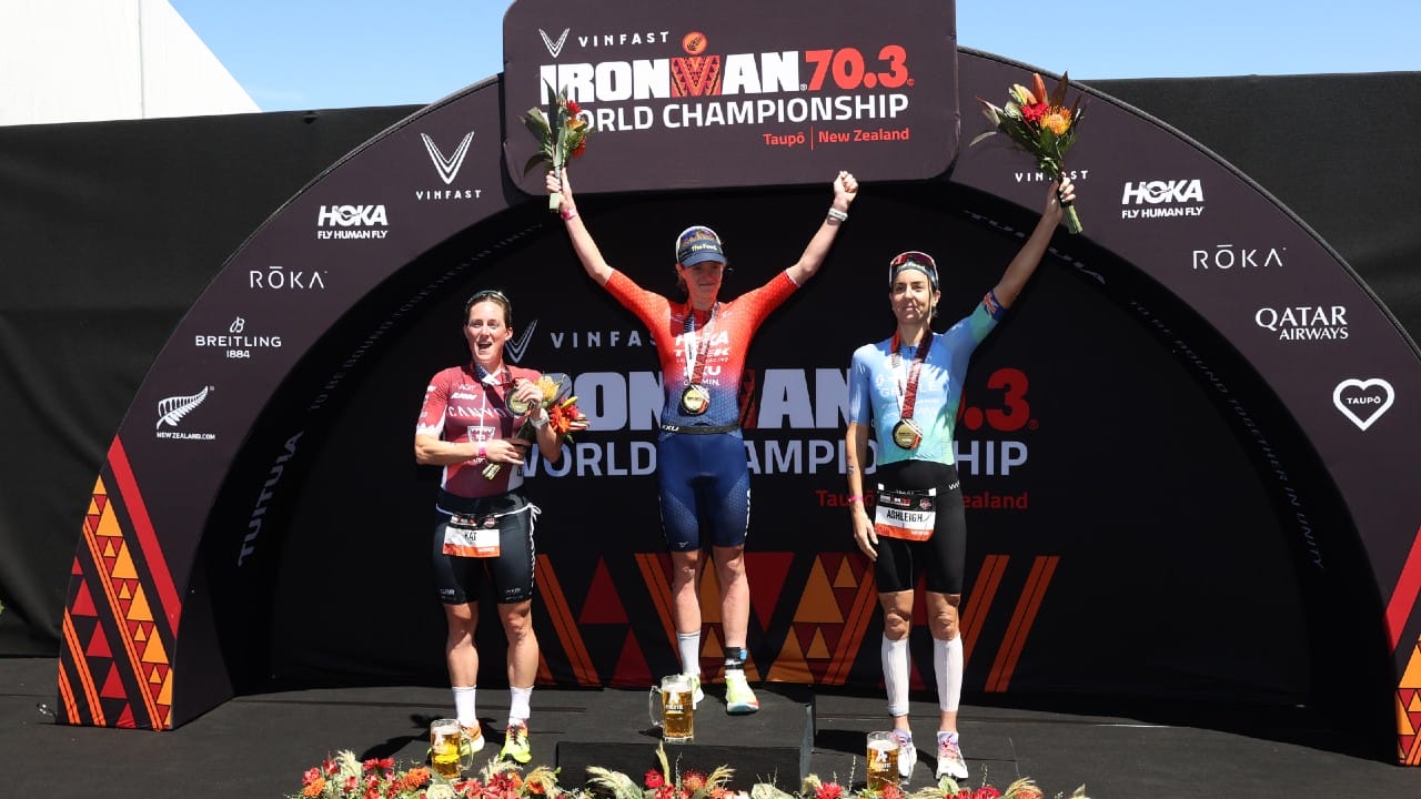 IRONMAN 70.3 World Championship Podium 2024 Taylor Knibb Kat Matthews Ashleigh Gentle