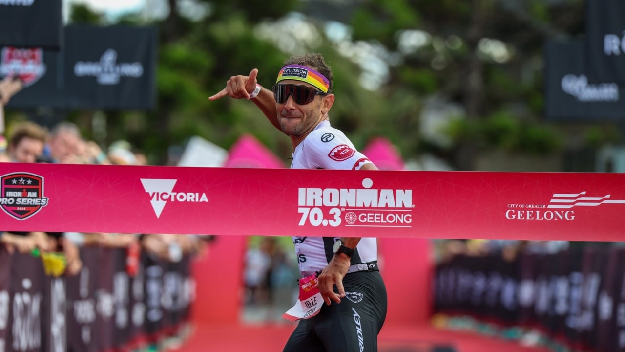 Jelle Geens taking the win at IRONMAN 70.3 Geelong - Photo Korupt Vision