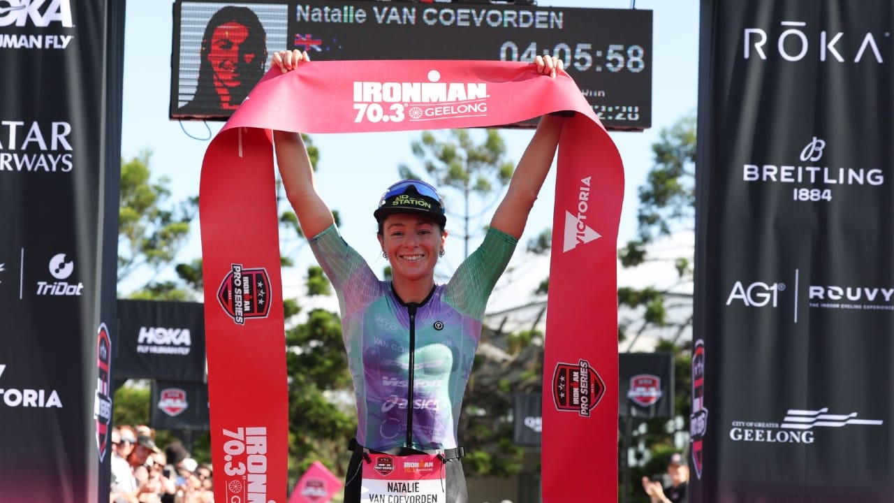 Natalie Van Coevorden claiming her first IRONMAN 70.3 race win in Geelong - Photo Korupt Vision