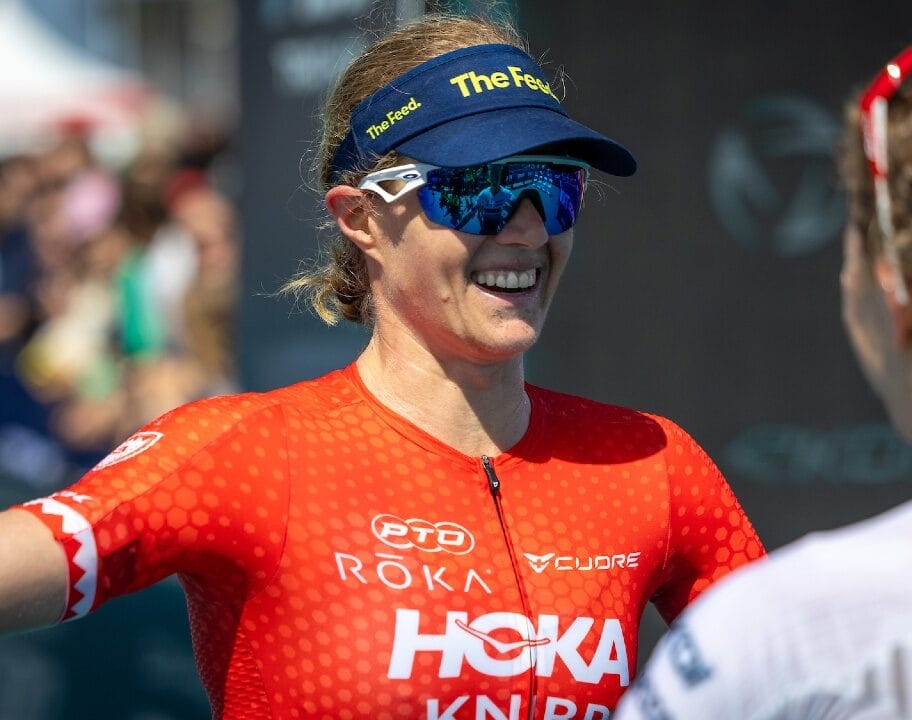 Taylor Knibb congratulates Julie Derron at T100 San Francisco 2025